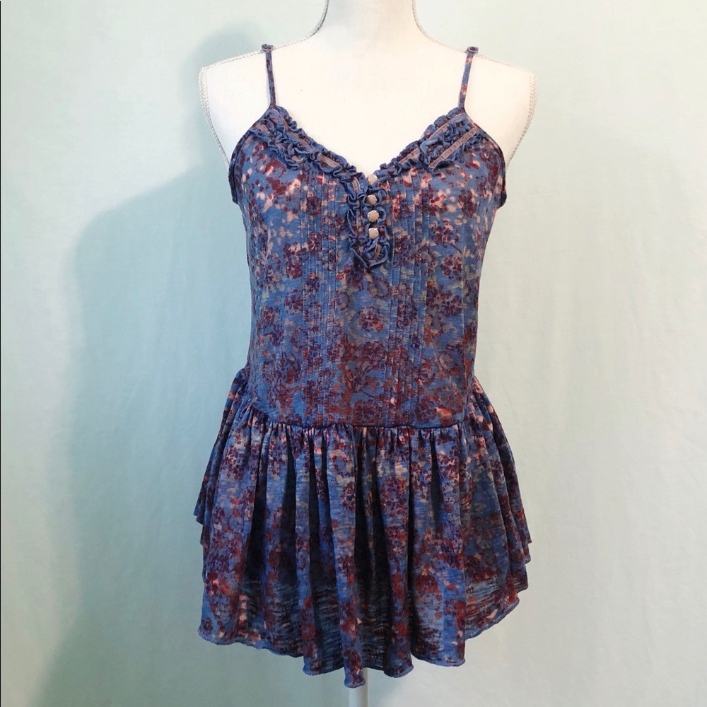 Free People Blue Floral Ruffle Tank M